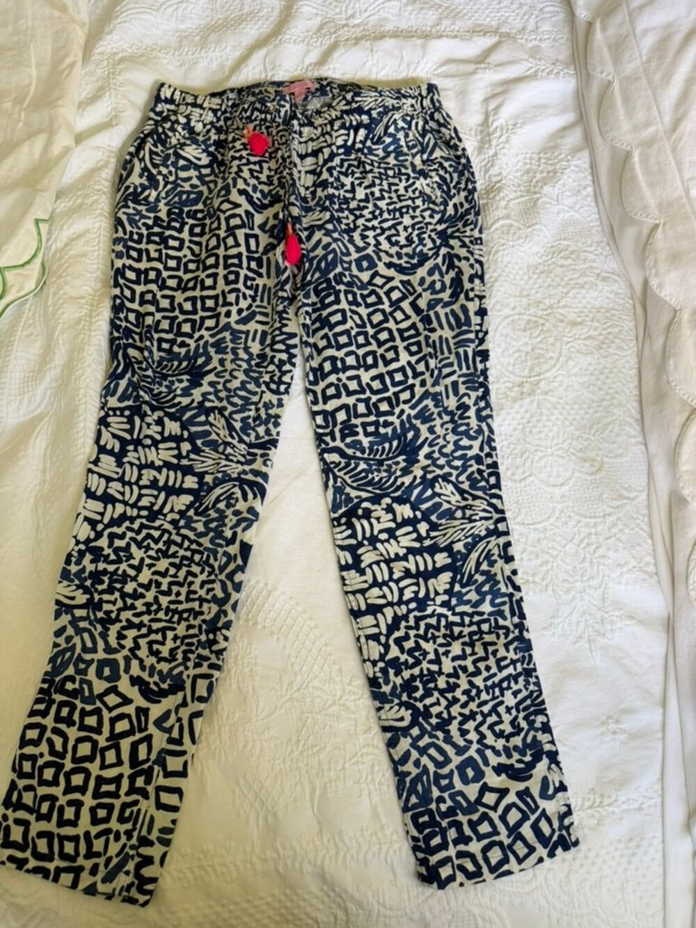 100% Linen Lily Pulitzer Pants Navy and White Pull-on